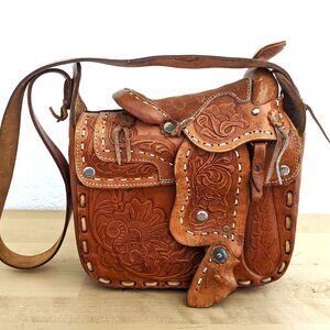 Saddle Bag Hand Crafted Tooled Leather w/ Crossbody Strap